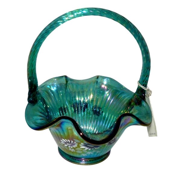 Fenton Handcrafted Iridescent Teal Glass Basket Hand-Painted Floral Twisted Hand - Picture 2 of 7